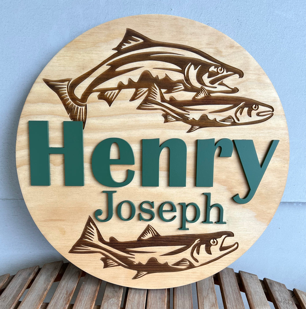 Personalized Name Engraved Salmon Wood Sign