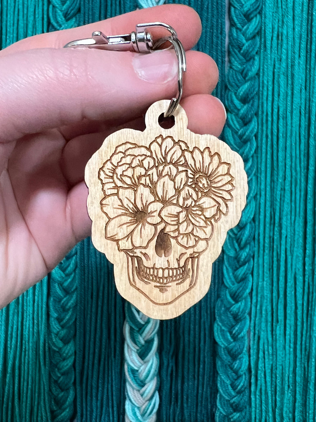 Wood Engraved Floral Skull Keychain