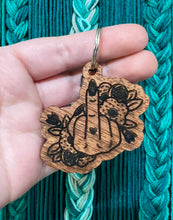 Load image into Gallery viewer, Wood Engraved Floral Middle Finger Keychain
